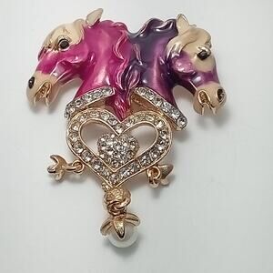Enchanted Twin Horse Heart Brooch Pendant